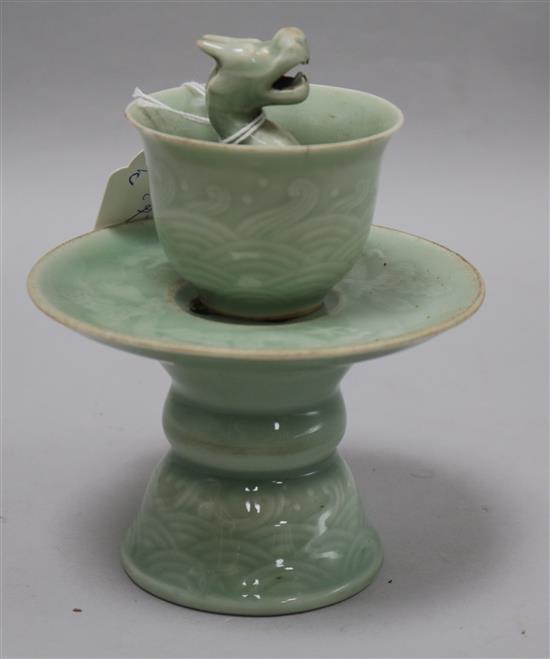 A 19th century Chinese celadon cup and stand